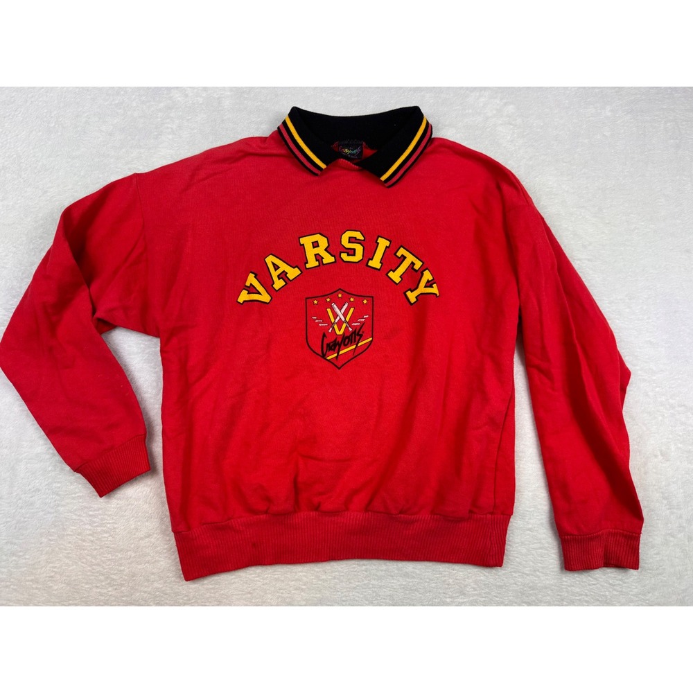 Vintage Crayons Varsity Sweatshirt Red Polo Collar Made in USA Mens Medium
